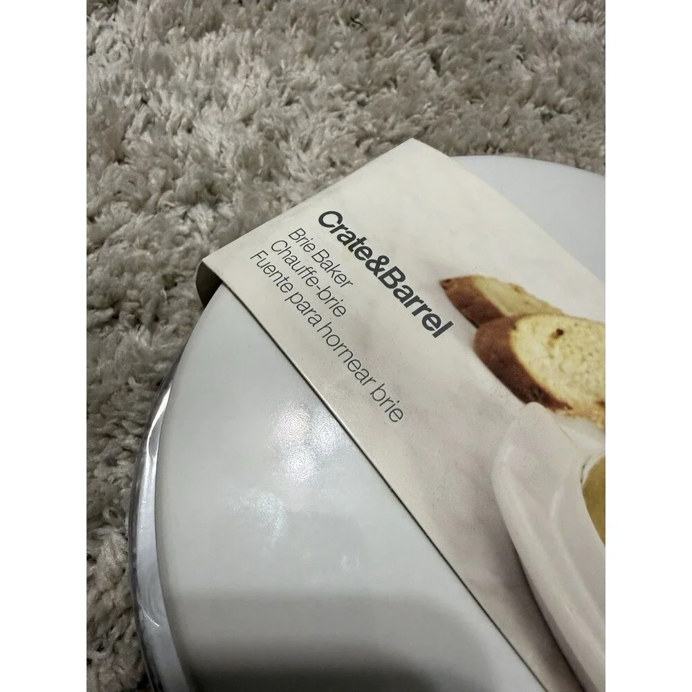 Crate & Barrel Brie Cheese Baking Dish Server Keeper White Stoneware NEW